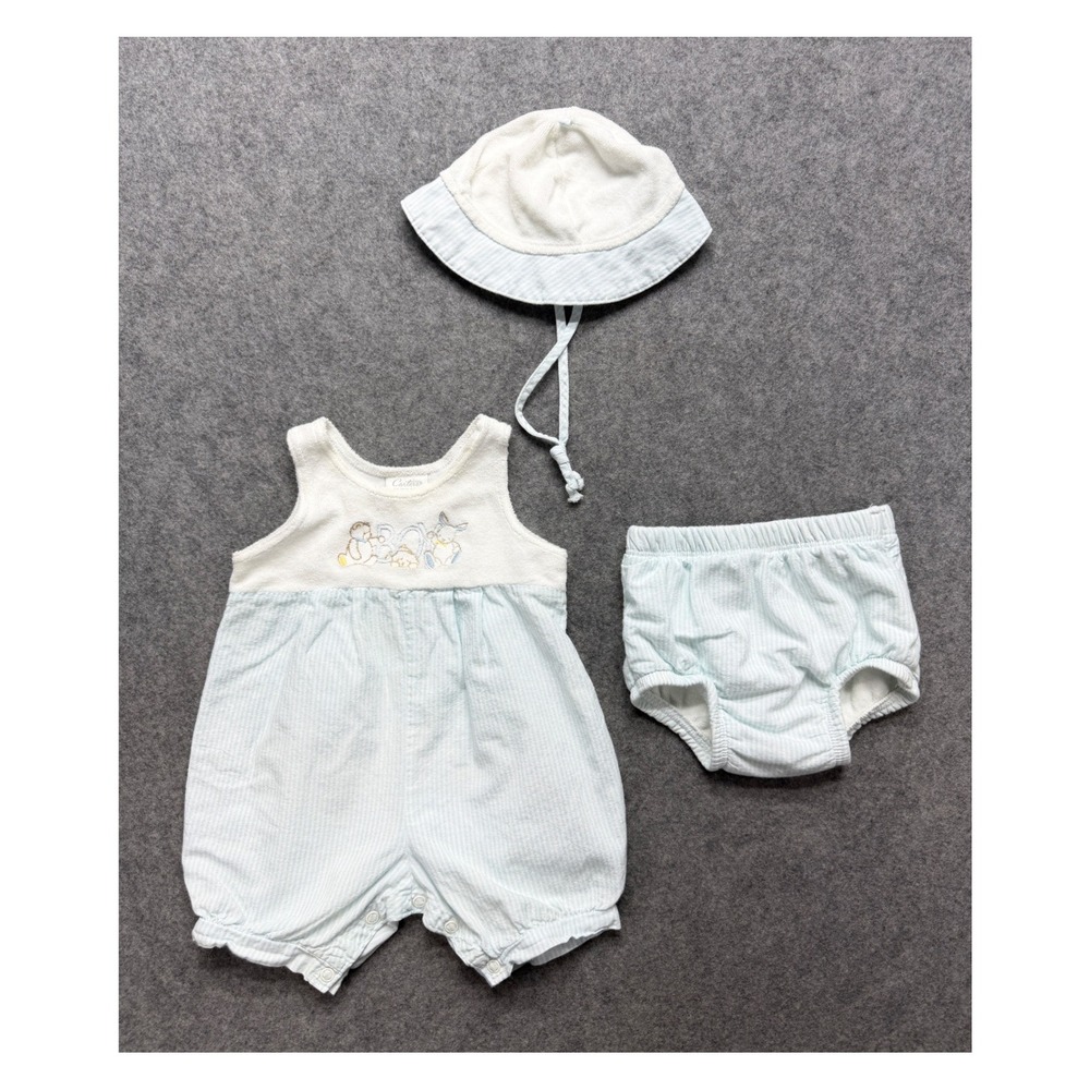 Vintage Carters Baby Boy 3pc Set Romper Hat Diaper Cover Blue Seersucker 9M USA